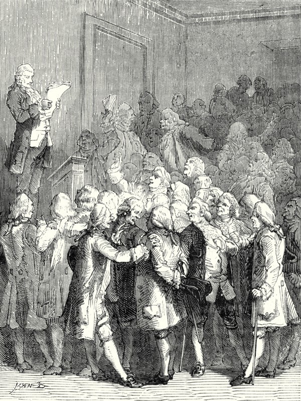 The reading out of letters from Franklin to the 'Royal Society of London' is greeted with incredulity and remarks of irony