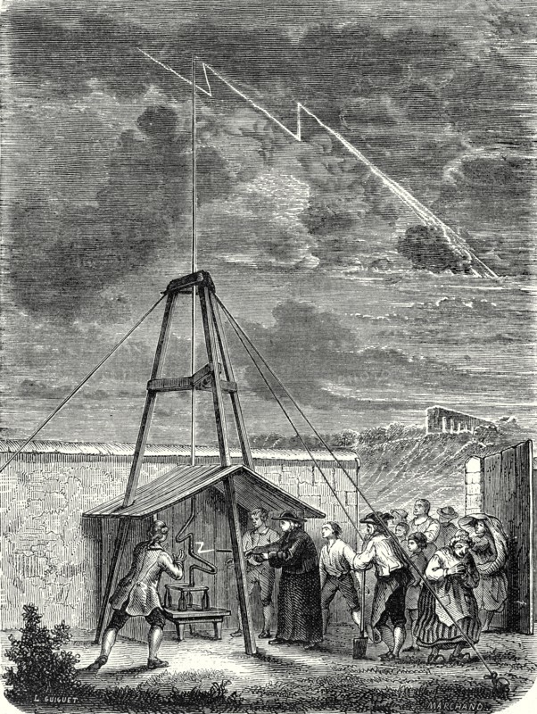 Dalibard's scientific experiment conducted in Marly, 10 May 1752. First demonstration of the presence of electricity in thunderclouds