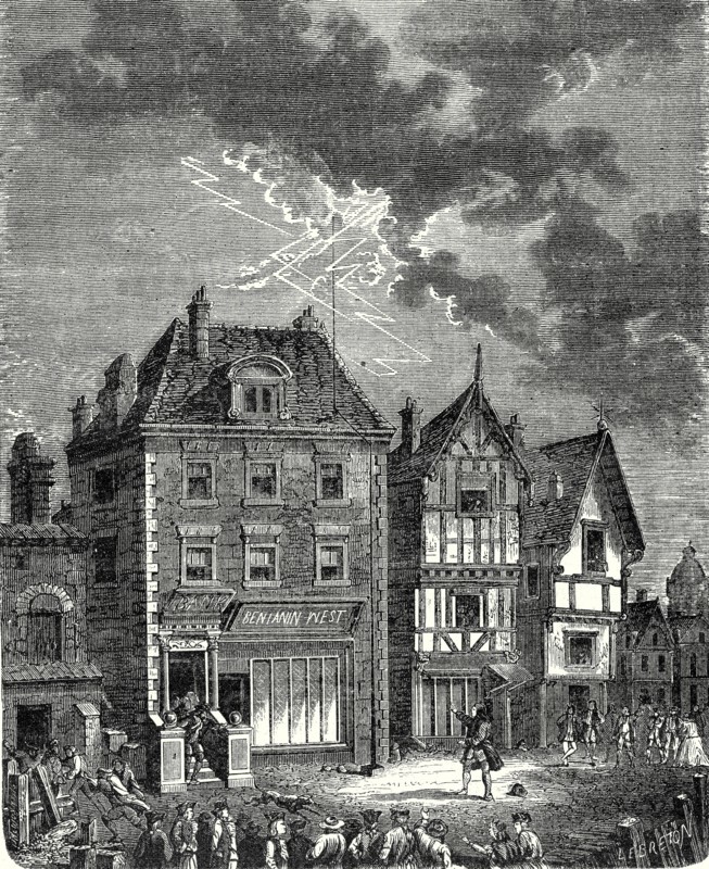 The first lightning rod created by Franklin in Philadelphia, located on the roof of the house of Benjamin West, is hit by lightning