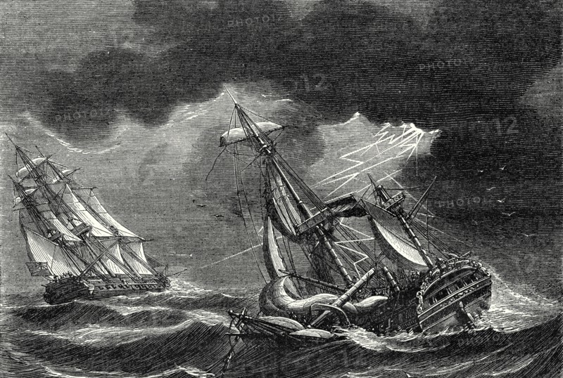 The ship of Captain Cook is spared thanks to his lightning rod, while a Dutch ship is almost struck by lightning