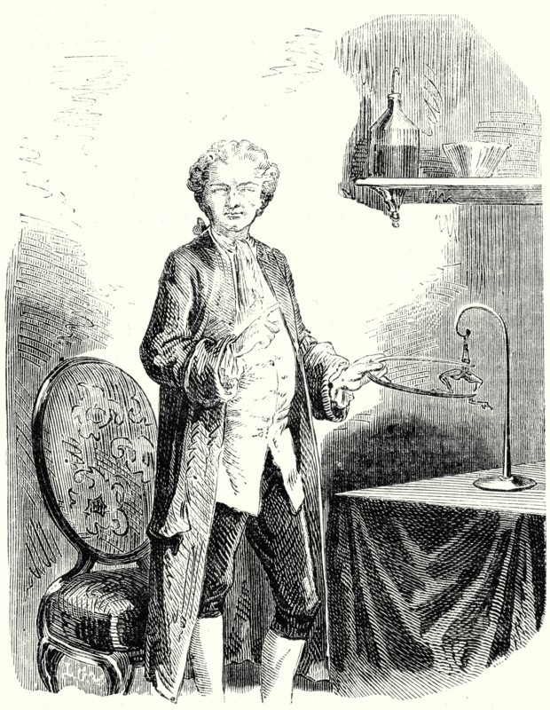 Galvani provoque les contractions de la grenouille au moyen d'un arc 
métallique