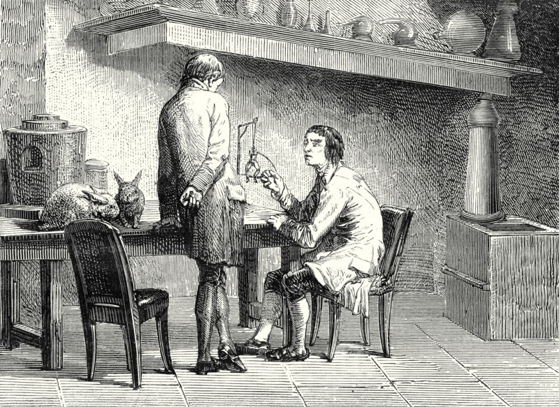 Humboldt and Hallé repeating the experiments of Galvani and Volta