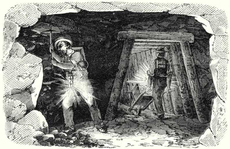 Miners' Lamp. Miners at work