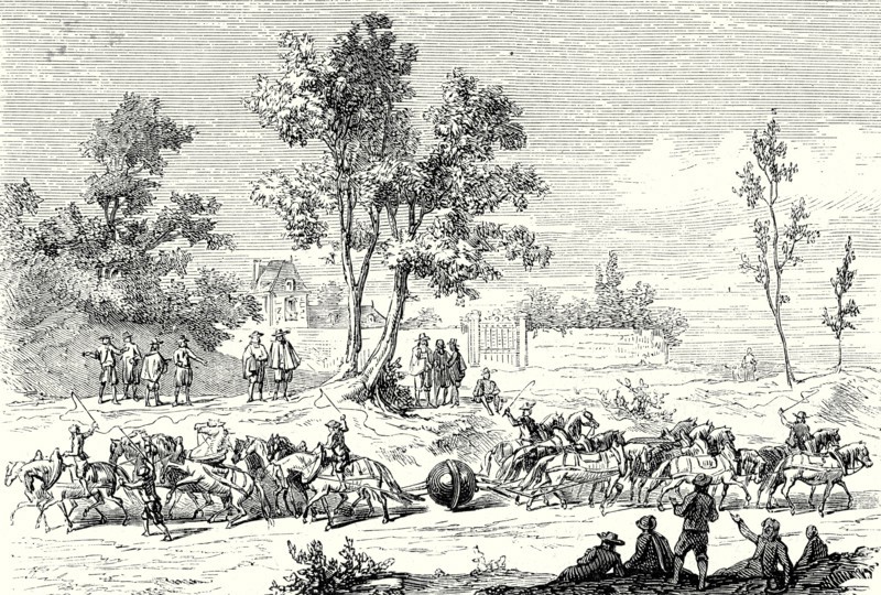 Otto von Guericke conducts the experiment of the Magdeburg hemispheres with 24 horses