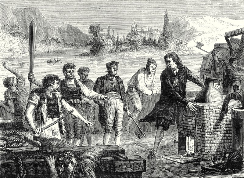 The boatmen of the Weser chop Papin's steamboat in pieces