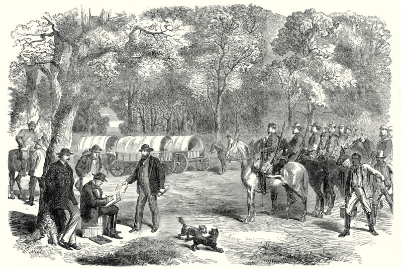 End of the American Civil War; The Last Days Of The Confederate Government, Mr. Jefferson Davis Signing Acts Of Government By The Roadside, 22 July, 1865