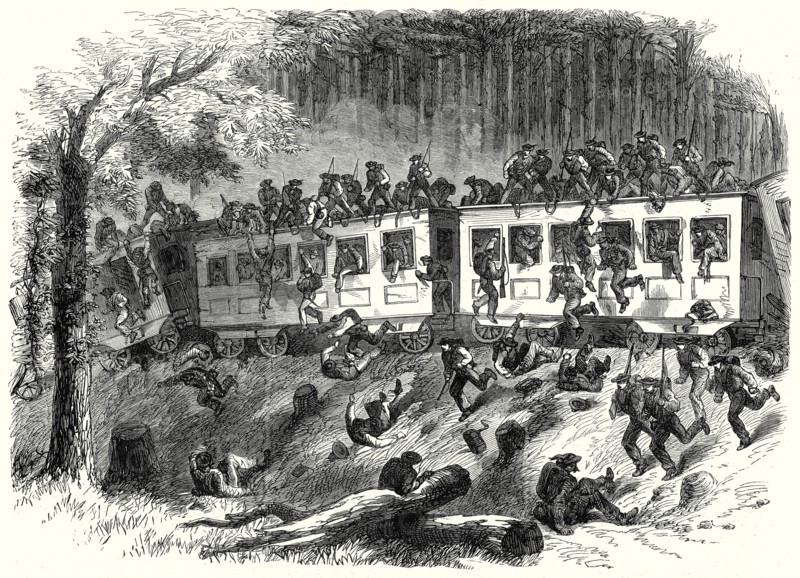 The Civil War In America: Train With Reinforcements For General Johnston Running Off The Track In The Forests Of Mississippi, 8 August, 1863