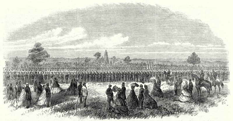 Dedication of the monument on the battlefield of Bull Run, Virginia, 15 July, 1865

Two battles, that of July 21, 1861, and that of August 29, 1862, were fought between the Confederates and Federals in the plain traversed by the small river called Bull Run, which crosses the main road from Washington to Richmond, a few miles north of Manassas Gap. The scene of the first conflict, one of the earliest of the war in Virginia, would now scarcely be recognised as a battlefield. Four years have obliterated nearly all the marks of the struggle, and the relic-hunter only now and then finds in the grass a memento of the event. Very few shot and shell remain upon the surface; the trees are hiding the blotches on their trunks made by bullets, and the only bones that are found, with few exceptions, are those of horses, which visitors have not thought of sufficient importance to be carried away. Some of the fences have been rebuilt, and corn is planted in many places; while the rapidly growing bu...