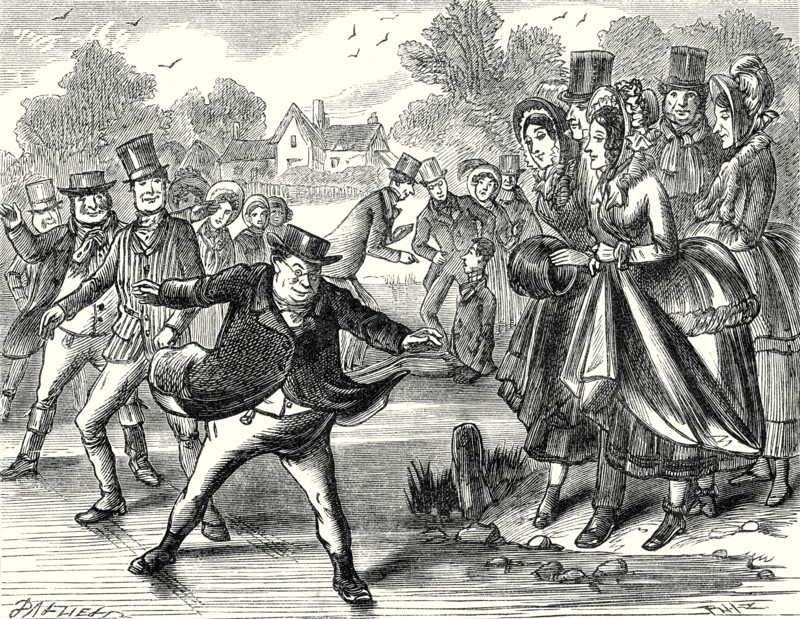 Pickwick Papers, "Mr. Pickwick went slowly and gravely down the slide, with his feet about a yard and a quarter apart, amidst the gratified shouts of all the spectators."