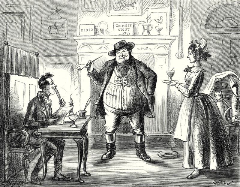 Pickwick Papers, "With a countenance greatly mollified by the softening influence of tobacco, requested him to 'fire away'"