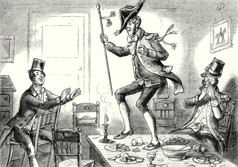 Pickwick Papers, "Mr. Tuckle, dressed out with the cocked-hat and stick, danced the frog hornpipe among the shells on the table"