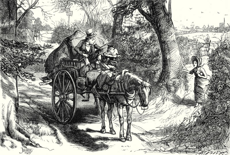David Copperfield, "I saw, to my amazement, Peggotty burst from a hedge and climb into the cart."