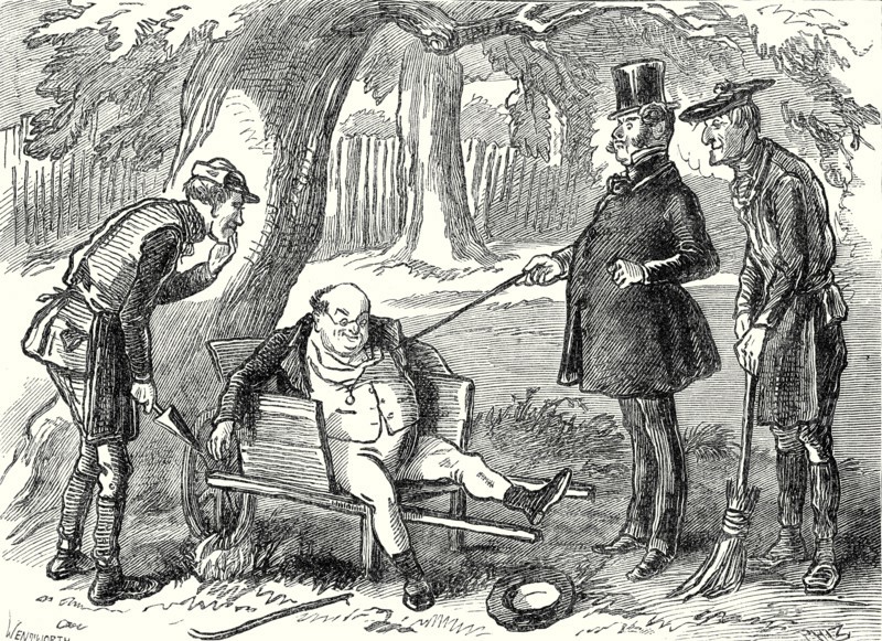 Pickwick Papers, "Who are you, you rascal?" said the captain, administering several pokes to Mr. Pickwick's body with the thick stick. "What's your name?"