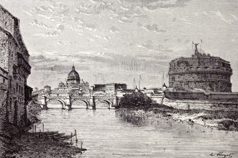 Rome Italy 1875, Mole of Adrian, banks of the Tiber between Ripetta and the Bridge od St. Angelo