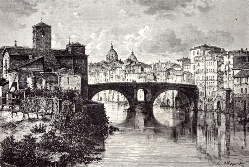 Rome Italy 1875, ISLAND OF THE TIBER,  ST.  BARTHOLOMEW, AND THE QUATTRO CAPI BRIDGE
