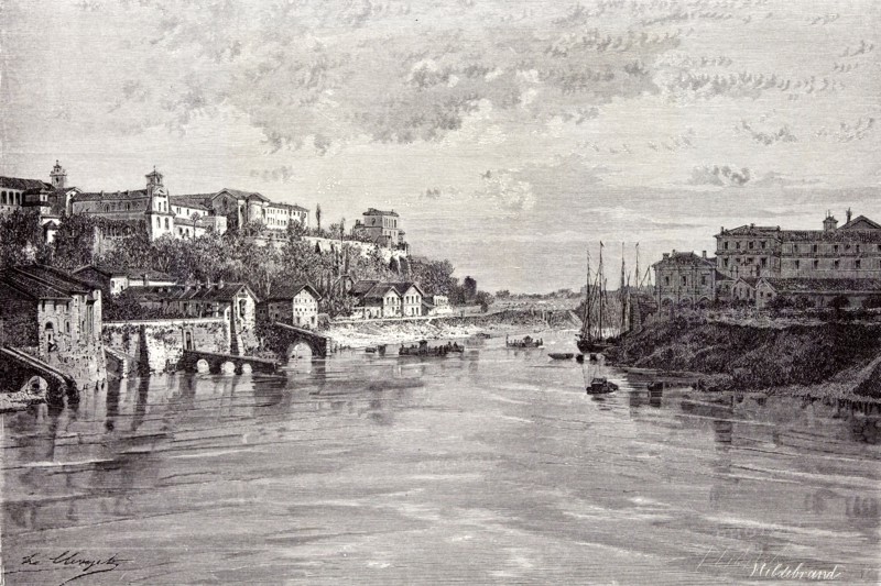 Rome Italy 1875, Aventine Mount and St. Sabina, seen from Ponte Rotto