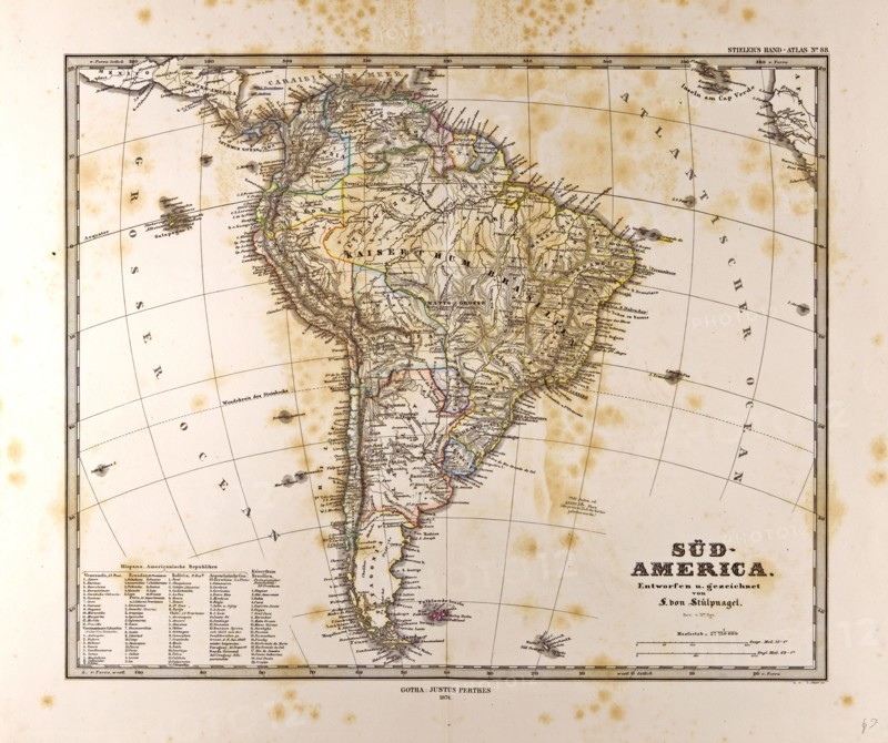 Map South America, Gotha, Justus Perthes, 1872, Atlas. Perthes, Johan Georg Justus 1749 Ã¢â‚¬â€ú 1816, German publisher, was born in Rudolstadt in 1749. In 1785 he founded at Gotha the business which bears his name, Justus Perthes. In this he was joined in 1814 by his son Wilhelm, 1793 Ã¢â‚¬â€ú 1853. He laid the foundation of the Geographical Branch of the business, for which it is chiefly famous, by publishing the and-Atlas (1817-1823) of Adolf Stieler (1775-1836). Wilhelm Perthes engaged the collaboration of the most eminent German geographers of the time, including Heinrich  Berghaus, Christian Gottlieb Reichard, Karl Spruler and Emil von Sydow. The business passed to his son Bernard Wilhelm Perthes (1821-1857). In 1863 the firm first issued the Almanach de Gotha, a statistical, Historical and genealogical Annual (in French) of the various countries of the world.