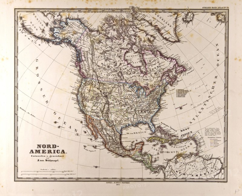 Map North America Gotha, Justus Perthes, 1872, Atlas. Perthes, Johan Georg Justus 1749 Ã¢â‚¬â€ú 1816, German publisher, was born in Rudolstadt in 1749. In 1785 he founded at Gotha the business which bears his name, Justus Perthes. In this he was joined in 1814 by his son Wilhelm, 1793 Ã¢â‚¬â€ú 1853. He laid the foundation of the Geographical Branch of the business, for which it is chiefly famous, by publishing the and-Atlas (1817-1823) of Adolf Stieler (1775-1836). Wilhelm Perthes engaged the collaboration of the most eminent German geographers of the time, including Heinrich  Berghaus, Christian Gottlieb Reichard, Karl Spruler and Emil von Sydow. The business passed to his son Bernard Wilhelm Perthes (1821-1857). In 1863 the firm first issued the Almanach de Gotha, a statistical, Historical and genealogical Annual (in French) of the various countries of the world.