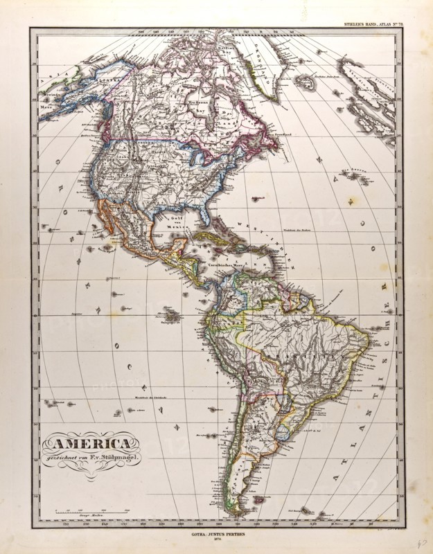 America Map 1872 Gotha, Justus Perthes, 1872, Atlas. Perthes, Johan Georg Justus 1749 Ã¢â‚¬â€ú 1816, German publisher, was born in Rudolstadt in 1749. In 1785 he founded at Gotha the business which bears his name, Justus Perthes. In this he was joined in 1814 by his son Wilhelm, 1793 Ã¢â‚¬â€ú 1853. He laid the foundation of the Geographical Branch of the business, for which it is chiefly famous, by publishing the and-Atlas (1817-1823) of Adolf Stieler (1775-1836). Wilhelm Perthes engaged the collaboration of the most eminent German geographers of the time, including Heinrich  Berghaus, Christian Gottlieb Reichard, Karl Spruler and Emil von Sydow. The business passed to his son Bernard Wilhelm Perthes (1821-1857). In 1863 the firm first issued the Almanach de Gotha, a statistical, Historical and genealogical Annual (in French) of the various countries of the world.