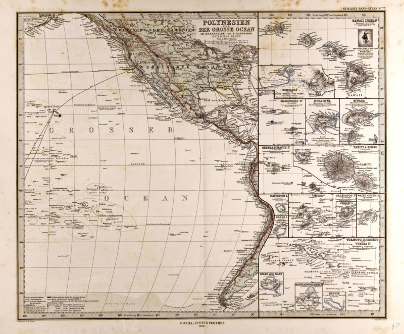 Polynesia Oceania Gotha, Justus Perthes, 1872, Atlas. Perthes, Johan Georg Justus 1749 Ã¢â‚¬â€ú 1816, German publisher, was born in Rudolstadt in 1749. In 1785 he founded at Gotha the business which bears his name, Justus Perthes. In this he was joined in 1814 by his son Wilhelm, 1793 Ã¢â‚¬â€ú 1853. He laid the foundation of the Geographical Branch of the business, for which it is chiefly famous, by publishing the and-Atlas (1817-1823) of Adolf Stieler (1775-1836). Wilhelm Perthes engaged the collaboration of the most eminent German geographers of the time, including Heinrich  Berghaus, Christian Gottlieb Reichard, Karl Spruler and Emil von Sydow. The business passed to his son Bernard Wilhelm Perthes (1821-1857). In 1863 the firm first issued the Almanach de Gotha, a statistical, Historical and genealogical Annual (in French) of the various countries of the world.