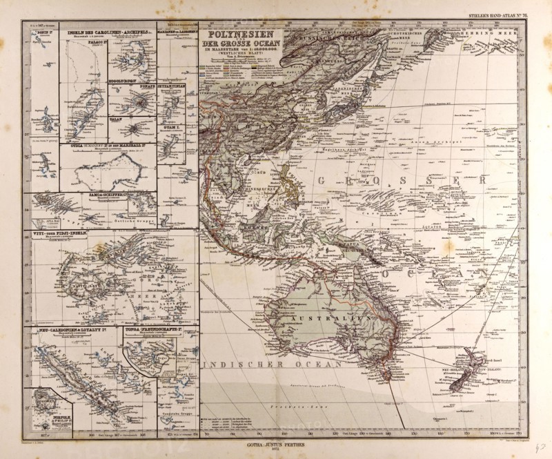 Polynesia Oceania Gotha, Justus Perthes, 1872, Atlas. Perthes, Johan Georg Justus 1749 Ã¢â‚¬â€ú 1816, German publisher, was born in Rudolstadt in 1749. In 1785 he founded at Gotha the business which bears his name, Justus Perthes. In this he was joined in 1814 by his son Wilhelm, 1793 Ã¢â‚¬â€ú 1853. He laid the foundation of the Geographical Branch of the business, for which it is chiefly famous, by publishing the and-Atlas (1817-1823) of Adolf Stieler (1775-1836). Wilhelm Perthes engaged the collaboration of the most eminent German geographers of the time, including Heinrich  Berghaus, Christian Gottlieb Reichard, Karl Spruler and Emil von Sydow. The business passed to his son Bernard Wilhelm Perthes (1821-1857). In 1863 the firm first issued the Almanach de Gotha, a statistical, Historical and genealogical Annual (in French) of the various countries of the world.
