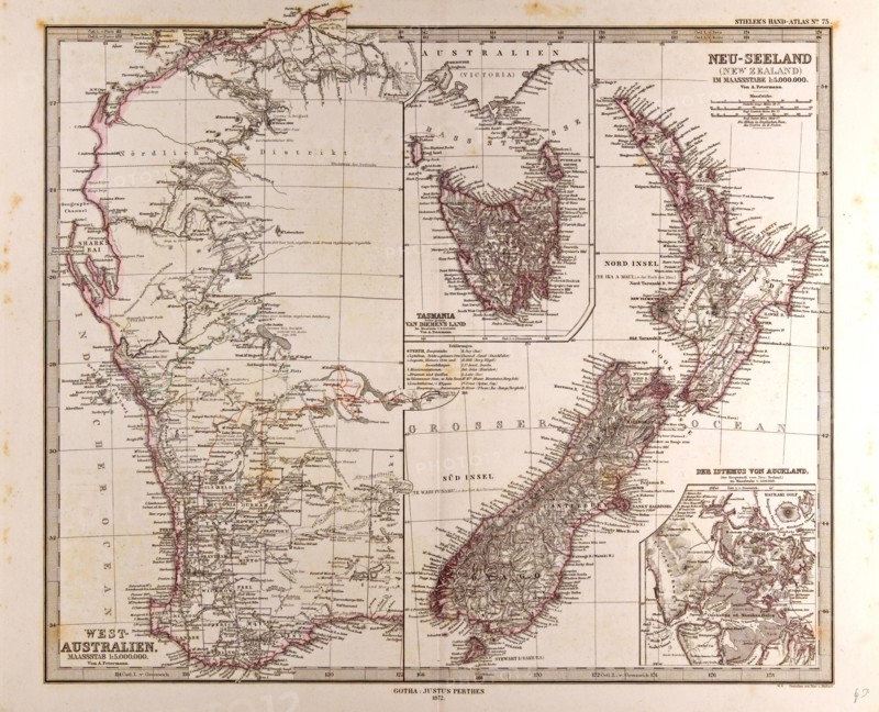 New Zealand Australia  Gotha, Justus Perthes, 1872, Atlas. Perthes, Johan Georg Justus 1749 Ã¢â‚¬â€ú 1816, German publisher, was born in Rudolstadt in 1749. In 1785 he founded at Gotha the business which bears his name, Justus Perthes. In this he was joined in 1814 by his son Wilhelm, 1793 Ã¢â‚¬â€ú 1853. He laid the foundation of the Geographical Branch of the business, for which it is chiefly famous, by publishing the and-Atlas (1817-1823) of Adolf Stieler (1775-1836). Wilhelm Perthes engaged the collaboration of the most eminent German geographers of the time, including Heinrich  Berghaus, Christian Gottlieb Reichard, Karl Spruler and Emil von Sydow. The business passed to his son Bernard Wilhelm Perthes (1821-1857). In 1863 the firm first issued the Almanach de Gotha, a statistical, Historical and genealogical Annual (in French) of the various countries of the world.