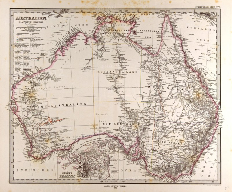 Australia Map Gotha, Justus Perthes, 1872, Atlas. Perthes, Johan Georg Justus 1749 Ã¢â‚¬â€ú 1816, German publisher, was born in Rudolstadt in 1749. In 1785 he founded at Gotha the business which bears his name, Justus Perthes. In this he was joined in 1814 by his son Wilhelm, 1793 Ã¢â‚¬â€ú 1853. He laid the foundation of the Geographical Branch of the business, for which it is chiefly famous, by publishing the and-Atlas (1817-1823) of Adolf Stieler (1775-1836). Wilhelm Perthes engaged the collaboration of the most eminent German geographers of the time, including Heinrich  Berghaus, Christian Gottlieb Reichard, Karl Spruler and Emil von Sydow. The business passed to his son Bernard Wilhelm Perthes (1821-1857). In 1863 the firm first issued the Almanach de Gotha, a statistical, Historical and genealogical Annual (in French) of the various countries of the world.