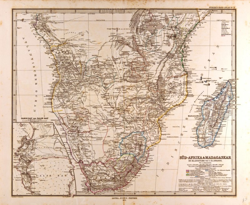 South Africa Madagascar Map, Gotha, Justus Perthes, 1872, Atlas. Perthes, Johan Georg Justus 1749 Ã¢â‚¬â€ú 1816, German publisher, was born in Rudolstadt in 1749. In 1785 he founded at Gotha the business which bears his name, Justus Perthes. In this he was joined in 1814 by his son Wilhelm, 1793 Ã¢â‚¬â€ú 1853. He laid the foundation of the Geographical Branch of the business, for which it is chiefly famous, by publishing the and-Atlas (1817-1823) of Adolf Stieler (1775-1836). Wilhelm Perthes engaged the collaboration of the most eminent German geographers of the time, including Heinrich  Berghaus, Christian Gottlieb Reichard, Karl Spruler and Emil von Sydow. The business passed to his son Bernard Wilhelm Perthes (1821-1857). In 1863 the firm first issued the Almanach de Gotha, a statistical, Historical and genealogical Annual (in French) of the various countries of the world.
