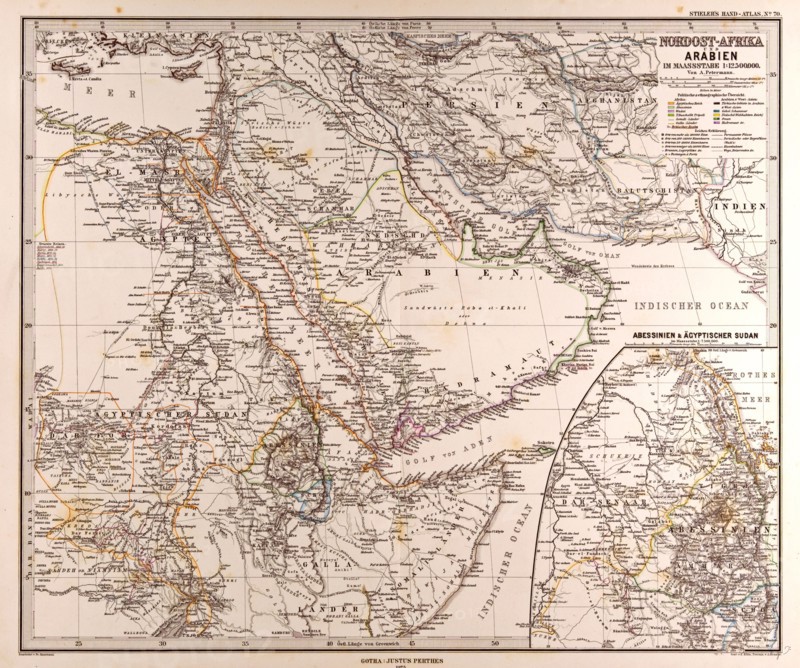 Arabia North East Africa Map Gotha, Justus Perthes, 1875, Atlas. Perthes, Johan Georg Justus 1749 Ã¢â‚¬â€ú 1816, German publisher, was born in Rudolstadt in 1749. In 1785 he founded at Gotha the business which bears his name, Justus Perthes. In this he was joined in 1814 by his son Wilhelm, 1793 Ã¢â‚¬â€ú 1853. He laid the foundation of the Geographical Branch of the business, for which it is chiefly famous, by publishing the and-Atlas (1817-1823) of Adolf Stieler (1775-1836). Wilhelm Perthes engaged the collaboration of the most eminent German geographers of the time, including Heinrich  Berghaus, Christian Gottlieb Reichard, Karl Spruler and Emil von Sydow. The business passed to his son Bernard Wilhelm Perthes (1821-1857). In 1863 the firm first issued the Almanach de Gotha, a statistical, Historical and genealogical Annual (in French) of the various countries of the world.
