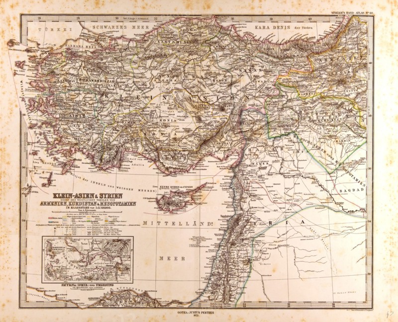 Asia Minor Syria Map Gotha, Justus Perthes, 1873, Atlas. Perthes, Johan Georg Justus 1749 Ã¢â‚¬â€ú 1816, German publisher, was born in Rudolstadt in 1749. In 1785 he founded at Gotha the business which bears his name, Justus Perthes. In this he was joined in 1814 by his son Wilhelm, 1793 Ã¢â‚¬â€ú 1853. He laid the foundation of the Geographical Branch of the business, for which it is chiefly famous, by publishing the and-Atlas (1817-1823) of Adolf Stieler (1775-1836). Wilhelm Perthes engaged the collaboration of the most eminent German geographers of the time, including Heinrich  Berghaus, Christian Gottlieb Reichard, Karl Spruler and Emil von Sydow. The business passed to his son Bernard Wilhelm Perthes (1821-1857). In 1863 the firm first issued the Almanach de Gotha, a statistical, Historical and genealogical Annual (in French) of the various countries of the world.