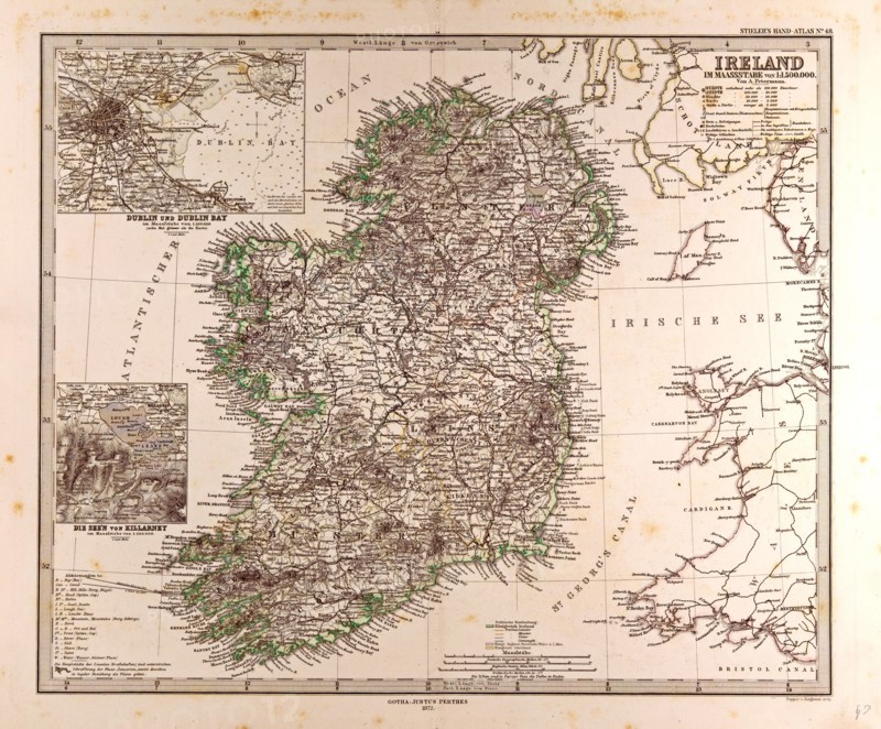 Ireland Map 1872 Gotha, Justus Perthes, 1872, Atlas. Perthes, Johan Georg Justus 1749 Ã¢â‚¬â€ú 1816, German publisher, was born in Rudolstadt in 1749. In 1785 he founded at Gotha the business which bears his name, Justus Perthes. In this he was joined in 1814 by his son Wilhelm, 1793 Ã¢â‚¬â€ú 1853. He laid the foundation of the Geographical Branch of the business, for which it is chiefly famous, by publishing the and-Atlas (1817-1823) of Adolf Stieler (1775-1836). Wilhelm Perthes engaged the collaboration of the most eminent German geographers of the time, including Heinrich  Berghaus, Christian Gottlieb Reichard, Karl Spruler and Emil von Sydow. The business passed to his son Bernard Wilhelm Perthes (1821-1857). In 1863 the firm first issued the Almanach de Gotha, a statistical, Historical and genealogical Annual (in French) of the various countries of the world.