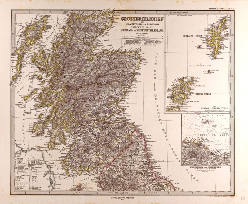 Great Britain Map Scotland 1872 Gotha, Justus Perthes, Atlas. Perthes, Johan Georg Justus 1749 â€ì 1816, German publisher, was born in Rudolstadt in 1749. In 1785 he founded at Gotha the business which bears his name, Justus Perthes. In this he was joined in 1814 by his son Wilhelm, 1793 â€ì 1853. He laid the foundation of the Geographical Branch of the business, for which it is chiefly famous, by publishing the and-Atlas (1817-1823) of Adolf Stieler (1775-1836). Wilhelm Perthes engaged the collaboration of the most eminent German geographers of the time, including Heinrich  Berghaus, Christian Gottlieb Reichard, Karl Spruler and Emil von Sydow. The business passed to his son Bernard Wilhelm Perthes (1821-1857). In 1863 the firm first issued the Almanach de Gotha, a statistical, Historical and genealogical Annual (in French) of the various countries of the world.