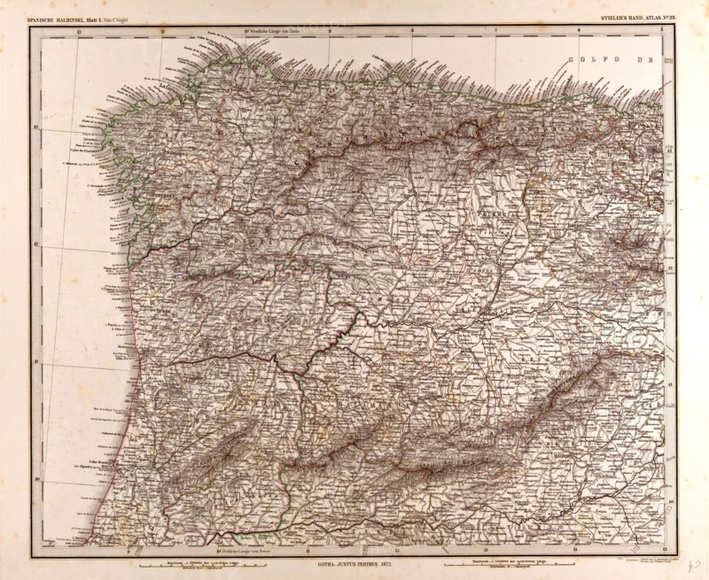 Spain Map 1872 Gotha, Justus Perthes, 1872, Atlas. Perthes, Johan Georg Justus 1749 Ã¢â‚¬â€ú 1816, German publisher, was born in Rudolstadt in 1749. In 1785 he founded at Gotha the business which bears his name, Justus Perthes. In this he was joined in 1814 by his son Wilhelm, 1793 Ã¢â‚¬â€ú 1853. He laid the foundation of the Geographical Branch of the business, for which it is chiefly famous, by publishing the and-Atlas (1817-1823) of Adolf Stieler (1775-1836). Wilhelm Perthes engaged the collaboration of the most eminent German geographers of the time, including Heinrich  Berghaus, Christian Gottlieb Reichard, Karl Spruler and Emil von Sydow. The business passed to his son Bernard Wilhelm Perthes (1821-1857). In 1863 the firm first issued the Almanach de Gotha, a statistical, Historical and genealogical Annual (in French) of the various countries of the world.