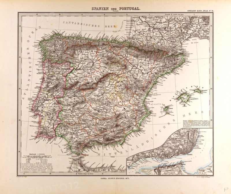 Spain and Portugal Map 1875 Gotha, Justus Perthes, 1872, Atlas. Perthes, Johan Georg Justus 1749 Ã¢â‚¬â€ú 1816, German publisher, was born in Rudolstadt in 1749. In 1785 he founded at Gotha the business which bears his name, Justus Perthes. In this he was joined in 1814 by his son Wilhelm, 1793 Ã¢â‚¬â€ú 1853. He laid the foundation of the Geographical Branch of the business, for which it is chiefly famous, by publishing the and-Atlas (1817-1823) of Adolf Stieler (1775-1836). Wilhelm Perthes engaged the collaboration of the most eminent German geographers of the time, including Heinrich  Berghaus, Christian Gottlieb Reichard, Karl Spruler and Emil von Sydow. The business passed to his son Bernard Wilhelm Perthes (1821-1857). In 1863 the firm first issued the Almanach de Gotha, a statistical, Historical and genealogical Annual (in French) of the various countries of the world.