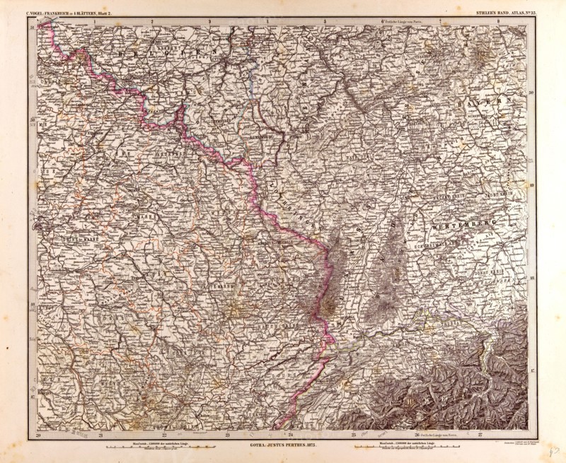 France map 1874 Gotha, Justus Perthes, 1872, Atlas. Perthes, Johan Georg Justus 1749 Ã¢â‚¬â€ú 1816, German publisher, was born in Rudolstadt in 1749. In 1785 he founded at Gotha the business which bears his name, Justus Perthes. In this he was joined in 1814 by his son Wilhelm, 1793 Ã¢â‚¬â€ú 1853. He laid the foundation of the Geographical Branch of the business, for which it is chiefly famous, by publishing the and-Atlas (1817-1823) of Adolf Stieler (1775-1836). Wilhelm Perthes engaged the collaboration of the most eminent German geographers of the time, including Heinrich  Berghaus, Christian Gottlieb Reichard, Karl Spruler and Emil von Sydow. The business passed to his son Bernard Wilhelm Perthes (1821-1857). In 1863 the firm first issued the Almanach de Gotha, a statistical, Historical and genealogical Annual (in French) of the various countries of the world.