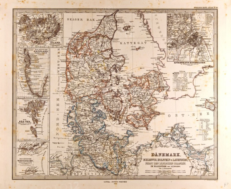 Danmark Map 1872 Gotha Justus Perthes Atlas  Gotha, Justus Perthes, 1872, Atlas. Perthes, Johan Georg Justus 1749 Ã¢â‚¬â€ú 1816, German publisher, was born in Rudolstadt in 1749. In 1785 he founded at Gotha the business which bears his name, Justus Perthes. In this he was joined in 1814 by his son Wilhelm, 1793 Ã¢â‚¬â€ú 1853. He laid the foundation of the Geographical Branch of the business, for which it is chiefly famous, by publishing the and-Atlas (1817-1823) of Adolf Stieler (1775-1836). Wilhelm Perthes engaged the collaboration of the most eminent German geographers of the time, including Heinrich  Berghaus, Christian Gottlieb Reichard, Karl Spruler and Emil von Sydow. The business passed to his son Bernard Wilhelm Perthes (1821-1857). In 1863 the firm first issued the Almanach de Gotha, a statistical, Historical and genealogical Annual (in French) of the various countries of the world.