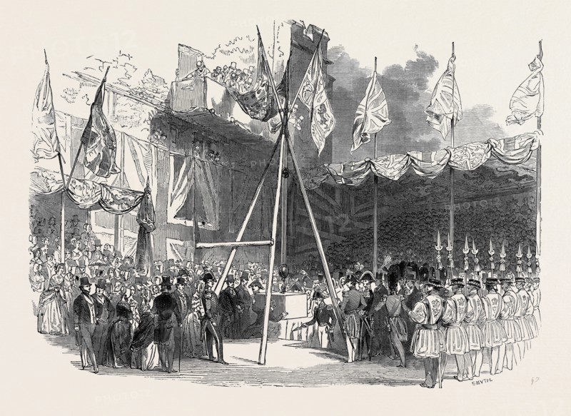 THE DUKE OF WELLINGTON LAYING THE FIRST STONE OF THE WATERLOO BARRACKS, AT THE TOWER OF LONDON, GREAT BRITAIN