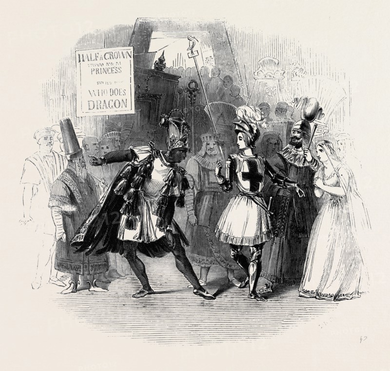 SCENE FROM THE BURLESQUE OF "ST. GEORGE AND THE DRAGON," AT THE ADELPHI THEATRE.