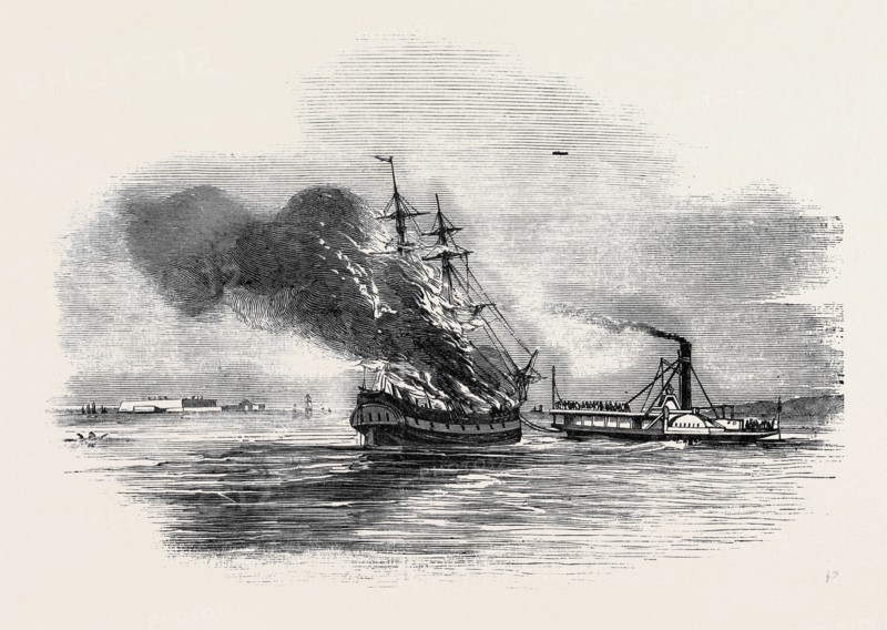 THE SHIP "LORD ASHBURTON" ON FIRE, CHARLESTON.