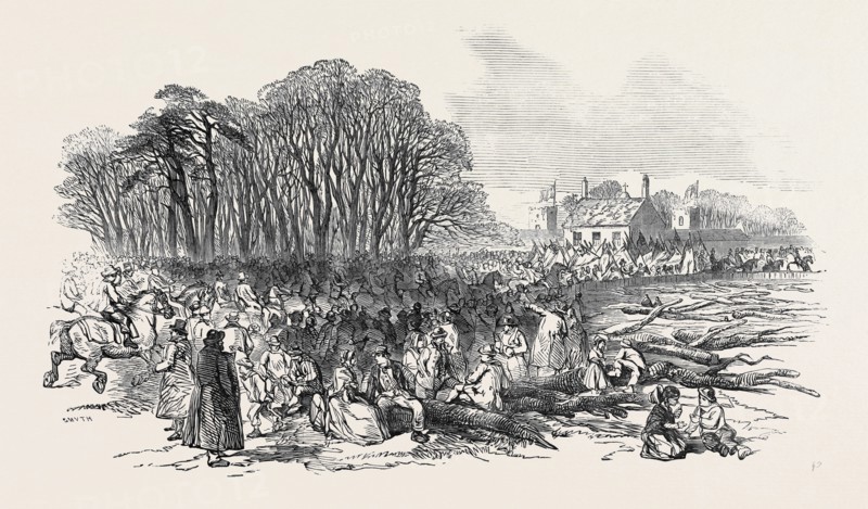 THE TENANTRY AND PITMEN ASSEMBLING AT "THE TOWERS," AT POYNTON, CELEBRATION OF THE "MAJORITY" OF THE HON. A.H. VERNON