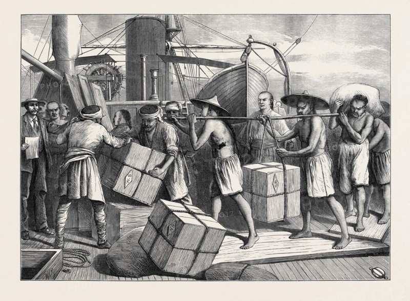 CHINA: THE STEAMER TRAVANCORE TAKING IN CARGO AT SINGAPORE, 1873
