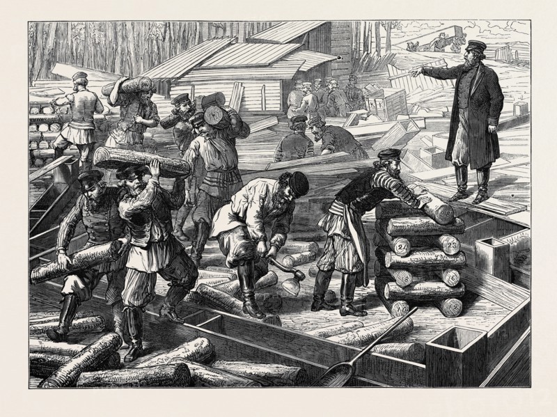 THE VIENNA UNIVERSAL EXHIBITION: RUSSIAN WORKMEN BEGINNING A RUSSIAN HOUSE, 1873