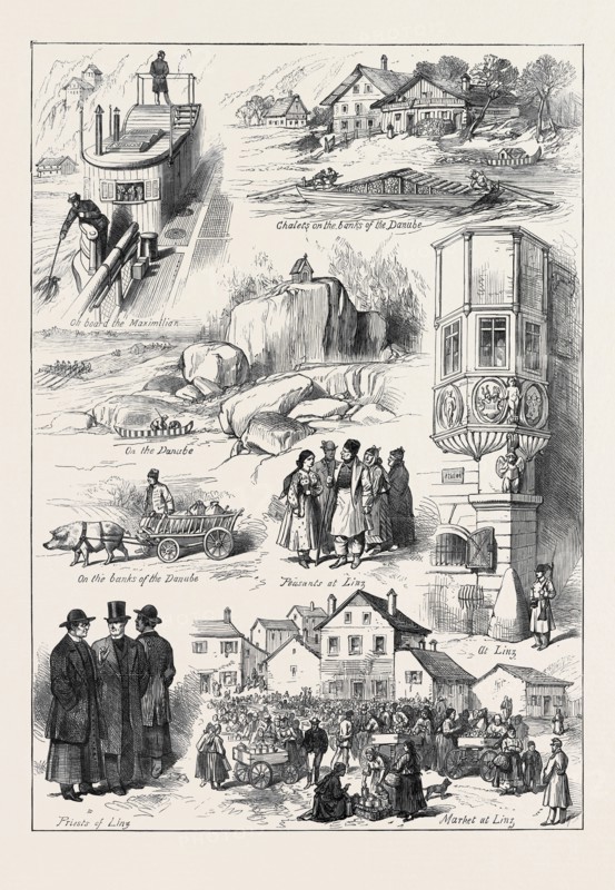 SKETCHES ON THE ROAD TO VIENNA: ON BOARD THE MAXIMILIAN; CHALETS ON THE BANKS OF THE DANUBE; ON THE DANUBE; PEASANTS AT LINZ; AT LINZ; PRIESTS OF LINZ; MARKET AT LINZ; 1873