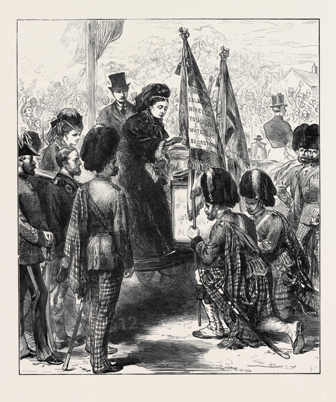 THE QUEEN PRESENTING NEW COLOURS TO THE 79TH (CAMERON) HIGHLANDERS AT PARKHURST, ISLE OF WIGHT, 1873