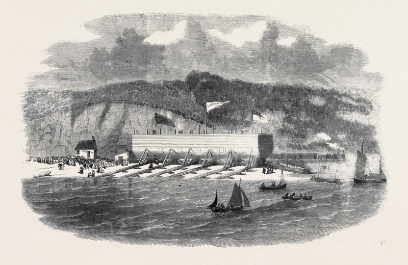 LAUNCH OF PONTOON FOR THE "GREAT EASTERN" STEAMSHIP AT NEYLAND, MILFORD HAVEN