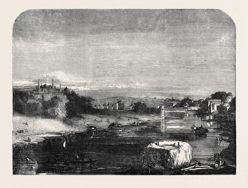 THE MUTINY IN INDIA: LUCKNOW: VIEW ON THE GOOMTEE, FROM THE NEW IRON BRIDGE, THE OLD BRIDGE IN THE DISTANCE