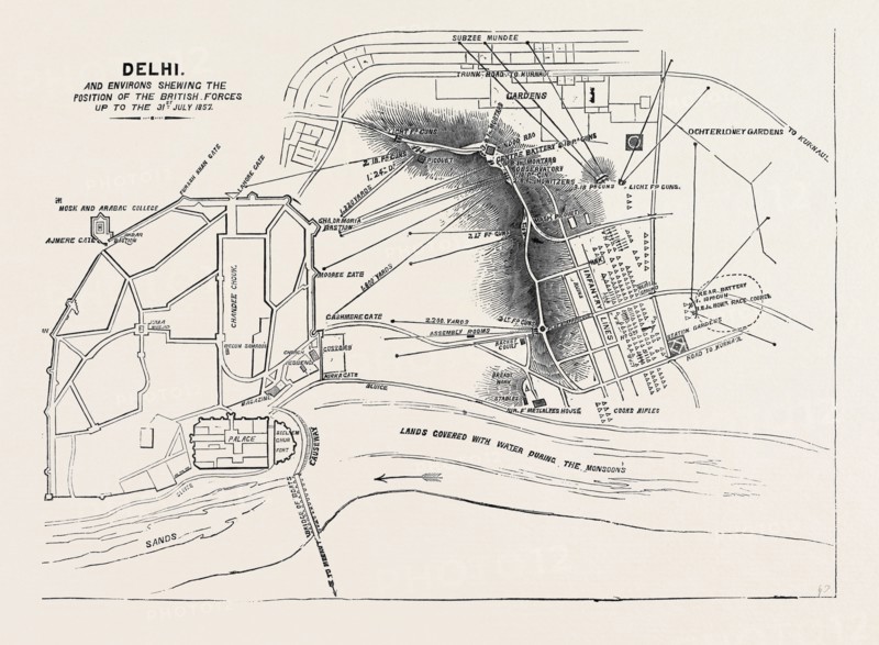 THE MUTINY IN INDIA: DELHI, AND ENVIRONS SHOWING THE POSITION OF THE BRITISH FORCES UP TO THE 31ST JULY 1857