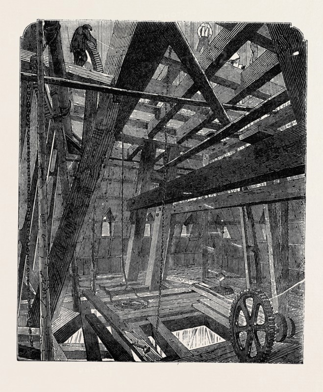 SCAFFOLDING FOR RAISING THE QUARTER BELLS IN THE CLOCK TOWER OF THE NEW HOUSES OF PARLIAMENT