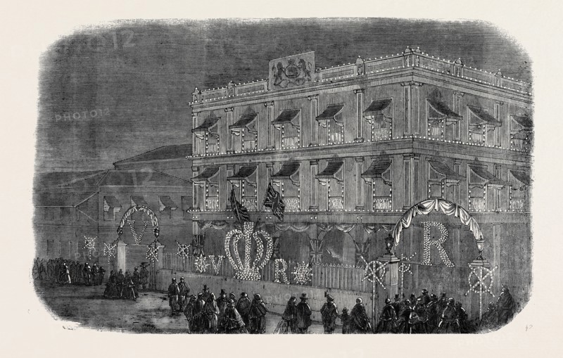 THE RESIDENCE OF SIR JAMSETJEE JEEJEEBHOY, AT BOMBAY, ILLUMINATED, FROM A PHOTOGRAPH BY MP. H. HINTON, PROCLAMATION OF THE QUEEN'S RULE IN INDIA, THE ILLUMINATIONS