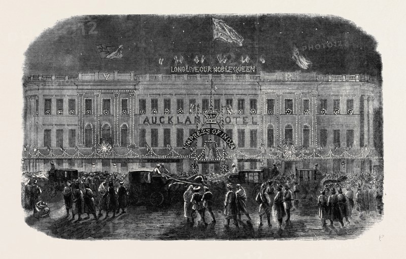 AUCKLAND HOTEL (HALL OF ALL NATIONS), CALCUTTA, FROM A PHOTOGRAPH BY MR. JAMES MANDY, PROCLAMATION OF THE QUEEN'S RULE IN INDIA, THE ILLUMINATIONS